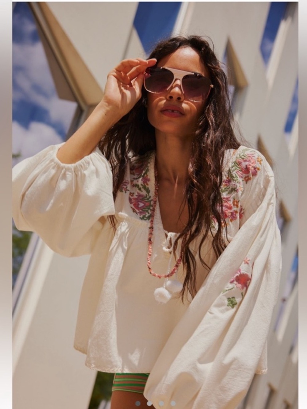 Free People Lucia Blouse - Embroidered Penny Lane — White & Pink — XS